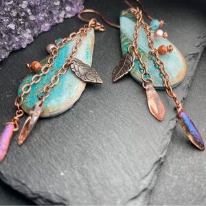 Artisan Apatite And Gold Sandstone Crystals And Copper Dangle Fringe Earrings